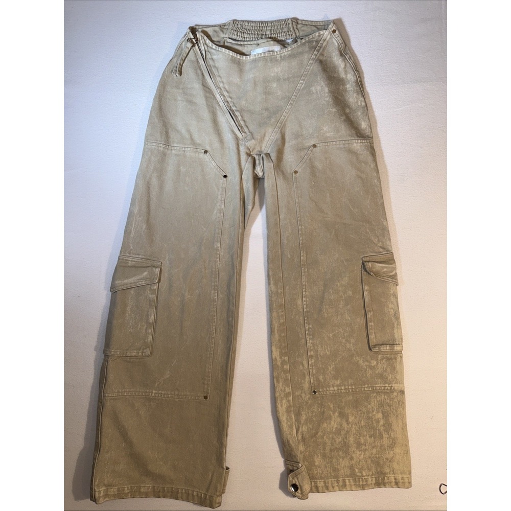 RUVE Tan Cotton Acid Wash Asymmetrical Foldover Utility Cargo Pants Womens S